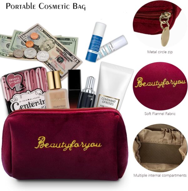 Velvet Makeup Bag, Portable Zipper Make Up Pouch, Cute Small Cosmetic Bag, Flannel Toiletry Bag, Travel Storage Bag Gifts for Women Girls(Red)