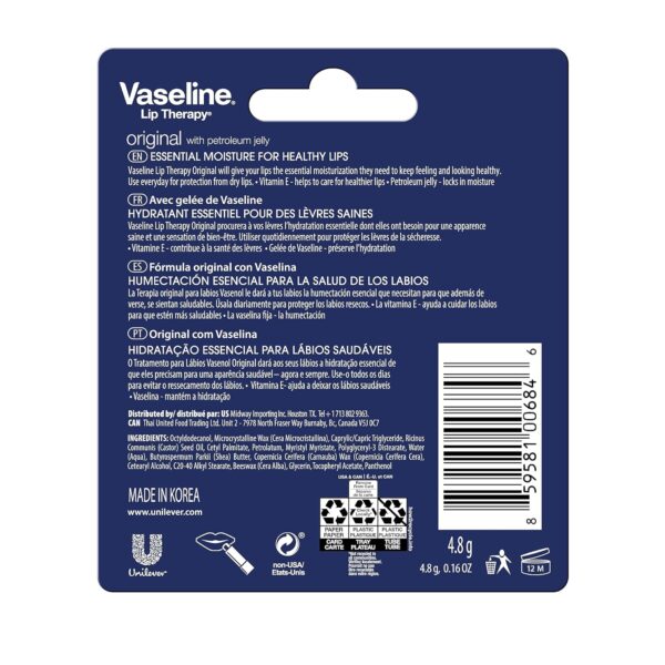 Vaseline Lip Therapy Care Original, Fast-Acting Nourishment, Ideal for Chapped, Dry, Cracked, or Damaged Lips, Lip Balm, 0.16 Ounce (Pack of 4)