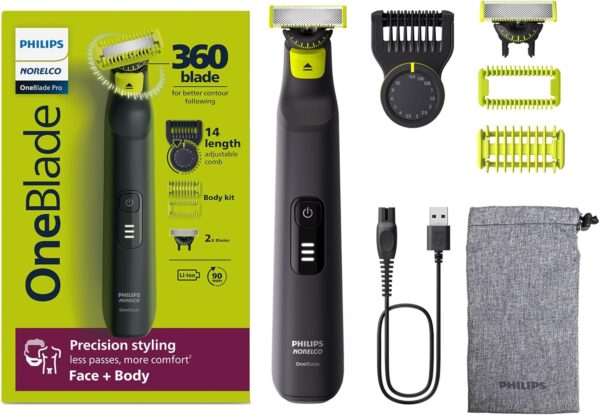 Norelco Philips OneBlade Pro 360 Face + Body, Electric Shaver, Beard Trimmer and Body Groomer, with 360 Blade Technology, 14-Length Precision Comb, Body Kit, Soft Pouch, Model QP6542/70