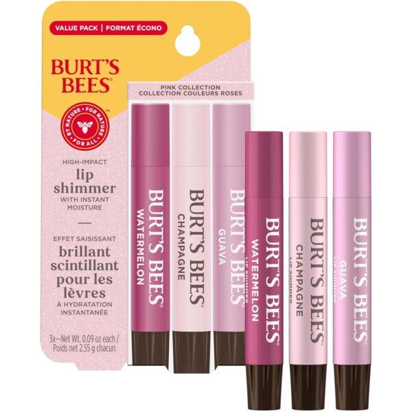 Burt's Bees Lip Shimmer Pink Collection, Mothers Day Gifts, Tinted Lip Balm Stick, Moisturizing for All Day Hydration with Natural Glowy Pigmented Finish & Buildable Color, 3 Tubes x 0.09 Oz
