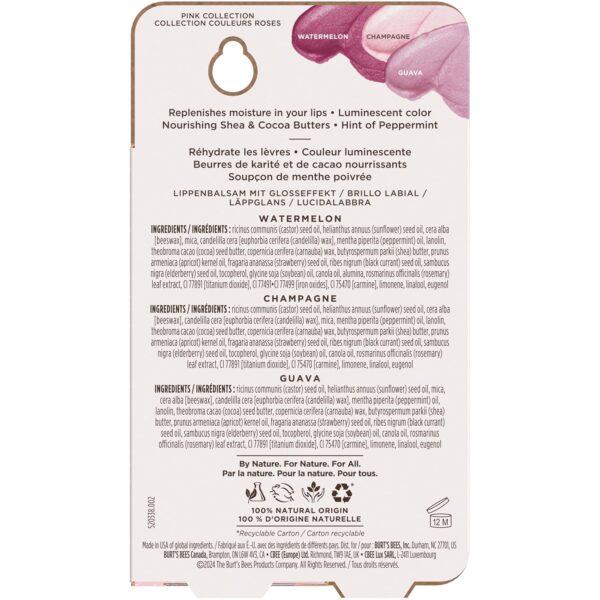 Burt's Bees Lip Shimmer Pink Collection, Mothers Day Gifts, Tinted Lip Balm Stick, Moisturizing for All Day Hydration with Natural Glowy Pigmented Finish & Buildable Color, 3 Tubes x 0.09 Oz