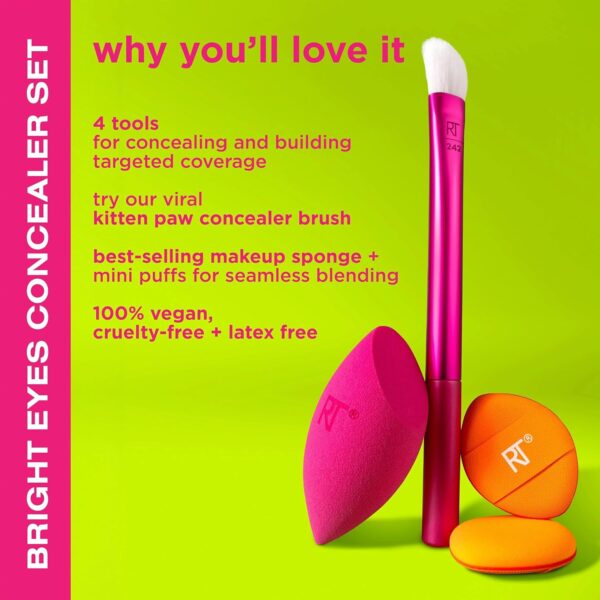 Real Techniques Vivid Escape Bright Eyes Concealer 4 Piece Set, Includes Kitten Paw Makeup Brush, Powder Puff, & Concealer Makeup Blending Sponge, Targeted Concealing, Travel Friendly, Cruelty-Free