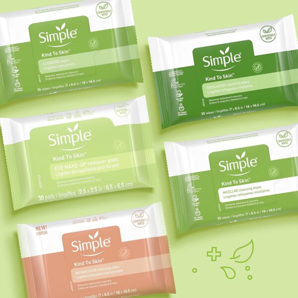 Simple Kind to Skin Facial Wipes Gentle and Effective Makeup Remover Cleansing Free from color and dye artificial perfume and harsh chemicals, 25 Count (Pack of 2)