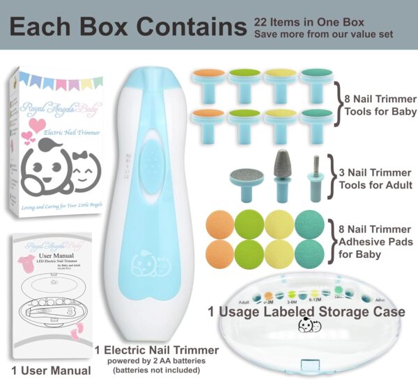 Baby Nail Trimmer 21 in 1, Usage Labeled Case & 13 Extra Replacement Tools, Royal Angels Baby Electric Nail File, Baby Nail Care, Nail Clipper Newborn Toddler Toes & Fingernails Nail Kit (Blue)