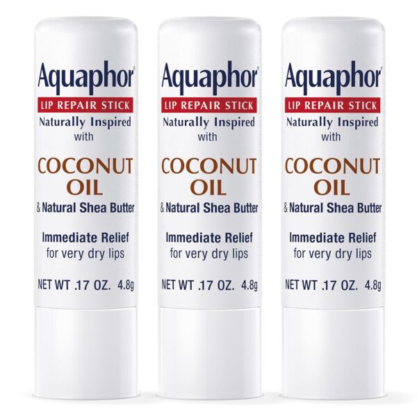 Aquaphor Naturally Inspired Lip Repair Stick with Coconut Oil and Natural Shea Butter, Hydrating Lip Balm Stick Immediately Relieves Dryness and Soothes Chapped Lips, 0.17 Oz Stick, Pack of 3