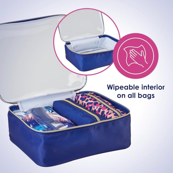 Conair 5 Piece Toiletry and Cosmetic Bag Set Under , Includes 4 Makeup Bags and 1 Travel Comb in Blue Palm Prints