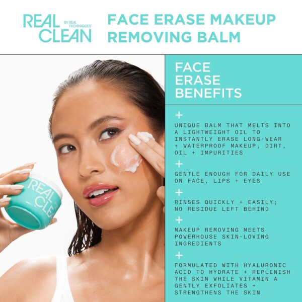 Real Techniques Real Clean Face Erase Makeup Removing Balm, Hydrating Makeup Cleansing Balm, Remove Stubborn Makeup, Hyaluronic Acid Moisturizes & Vitamin A Helps Exfoliate, 2 fl. oz Jar