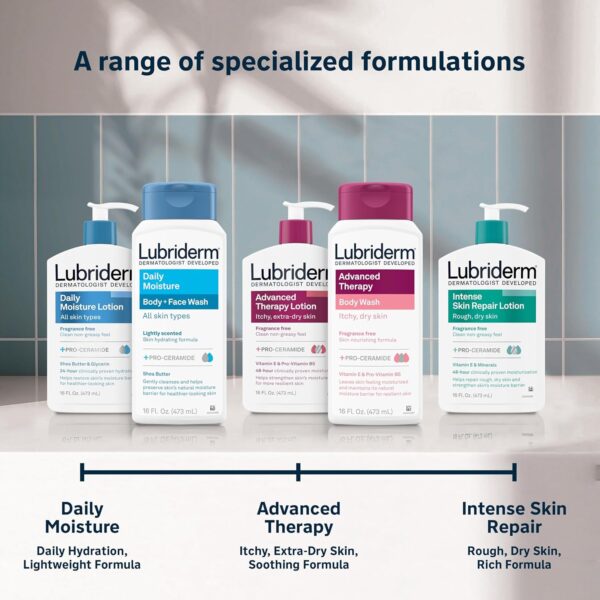 Lubriderm Advanced Therapy Body Wash, Unscented Nourishing Cleanser with Pro-Ceramide, Vitamin E & Pro-Vitamin B5 Gently Cleanses Itchy, Dry Skin, Fragrance Free, Hypoallergenic, 16 fl. oz