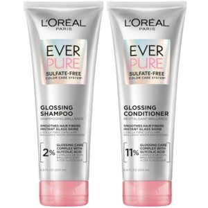 L'Oreal Paris Glossing Sulfate Free Shampoo and Conditioner Set with Glycolic Acid, Hair Care for Lasting Shine and Smoothness for Dull, Dry Hair, EverPure, 1 Kit