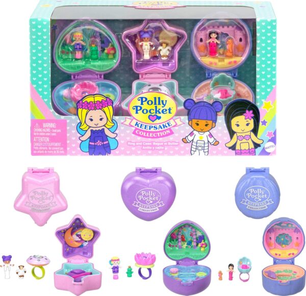 Polly Pocket Collector Dolls & Compact Playset, Heritage Ring Box 3 Pack, Keepsake Collection Jewelry Case