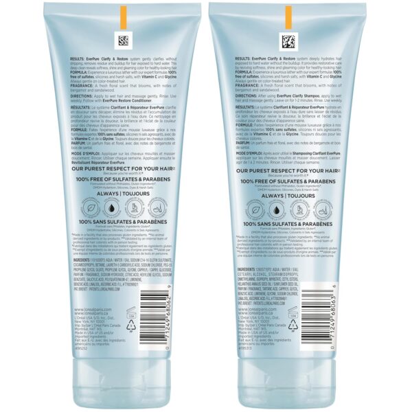 L'Oreal Paris Clarify and Restore Sulfate Free Shampoo and Conditioner Set with Antioxidants for Hard Water Exposure and Styling Build-up, EverPure, 1 Hair Care Kit