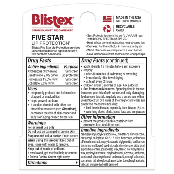 Blistex Five Star Lip Protection Balm, 0.15 Ounce ? Wind & Water-Resistant Lip Care, Broad Spectrum SPF 30 Sun Protection, Soothes Cold Chapped Lips, Hydrating Lip Treatment, Holds in Moisture