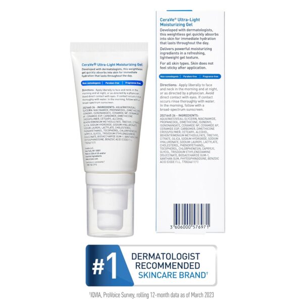 CeraVe Ultra-Light Moisturizing Gel, Hydrating Gel Face Moisturizer with Ceramides, Niacinamide, Hyaluronic Acid, Fragrance Free, Oil-Free, Weightless Mattifying Moisturizer, 1.75 FL Oz