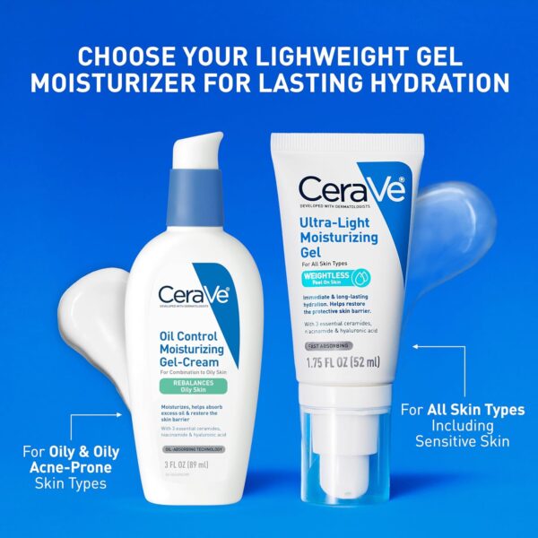 CeraVe Ultra-Light Moisturizing Gel, Hydrating Gel Face Moisturizer with Ceramides, Niacinamide, Hyaluronic Acid, Fragrance Free, Oil-Free, Weightless Mattifying Moisturizer, 1.75 FL Oz
