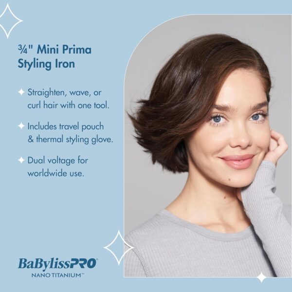 BaBylissPRO Nano Titanium Prima2000 Ionic Styling Iron, 3/4" stainless steel travel/mini iron, all hair types