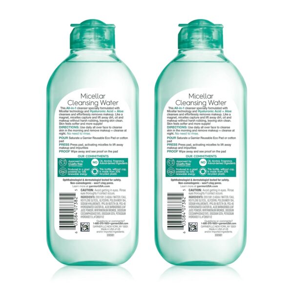 Garnier Micellar Water with Hyaluronic Acid, Facial Cleanser & Makeup Remover, Hydrating and Plumping, For All Skin Types, Vegan, Cruelty Free, 13.5 Fl Oz (400mL), 2 Count