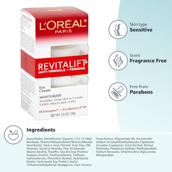L'Oreal Paris Skincare Revitalift Anti-Wrinkle and Firming Eye Cream with Pro Retinol, Treatment to Reduce Dark Circles, Fragrance Free, 0.5 oz.