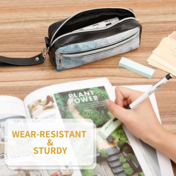 Leather Pencil Cases Blue Frozen Petals Pen Pouch Travel Cosmetic Bag for Purse Portable Makeup Brush Bag Holder Coin Purse for Women Makeup Case Purse Organizer