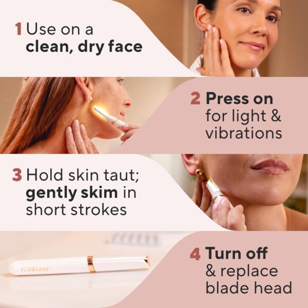 Finishing Touch Flawless Dermaplane Glo Sonic Lighted Facial Exfoliator, Electric Vibrating Dermaplane Razor for Dermaplaning, Facial Hair Removal, 6 Replacement Heads