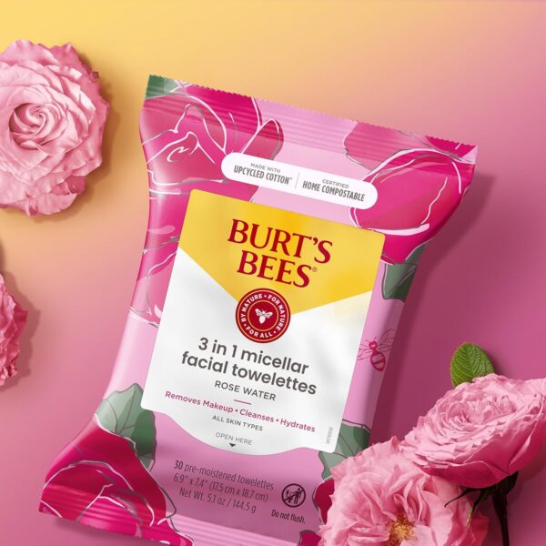 Burt's Bees Rose Water Face Wipes, for All Skin Types, Hydrating Micellar Makeup Remover & Facial Cleansing Towelettes, 30 Ct (3-Pack)