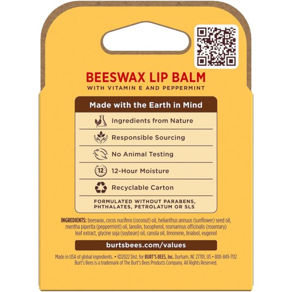 Burt's Bees Beeswax Lip Balm, Lip Moisturizer With Responsibly Sourced Beeswax, Tint-Free, Natural Conditioning Lip Treatment, 4 Tubes, 0.15 oz.