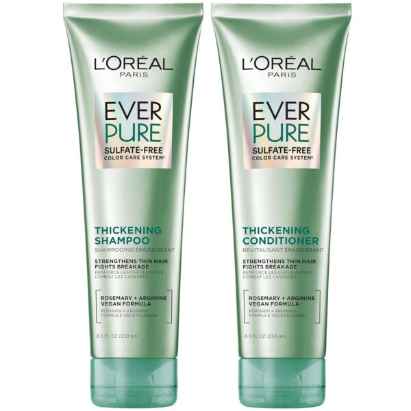 L'Oreal Paris Thickening Sulfate Free Shampoo and Conditioner, Thickens + Strengthens Thin, Fragile Hair, EverPure, 1 Hair Care Kit