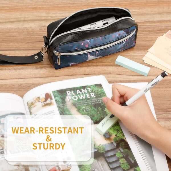 Leather Pencil Cases White Cat in Flowers Pen Pouch Travel Cosmetic Bag for Purse Portable Makeup Brush Bag Holder Coin Purse for Women Makeup Case Organizer