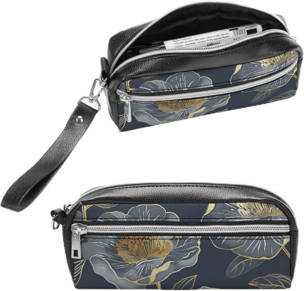 Leather Pencil Cases Gray And Gold Pen Pouch Travel Cosmetic Bag for Purse Portable Makeup Brush Bag Holder Coin Purse for Women Makeup Case Organizer