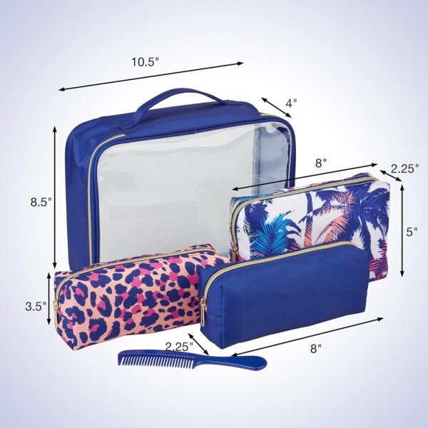 Conair 5 Piece Toiletry and Cosmetic Bag Set Under , Includes 4 Makeup Bags and 1 Travel Comb in Blue Palm Prints