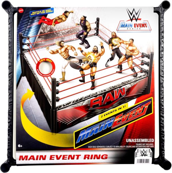 Mattel WWE Superstar Ring with Labels - Main Event & RAW, Spring-Loaded Ring Mat & Pro Tension Elastic Rope