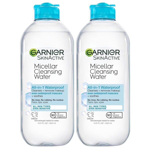 Garnier Micellar Water for Waterproof Makeup, Hydrating Facial Cleanser & Makeup Remover, Suitable for Sensitive Skin, Vegan, Cruelty Free, 13.5 Fl Oz (400mL), 2 Count