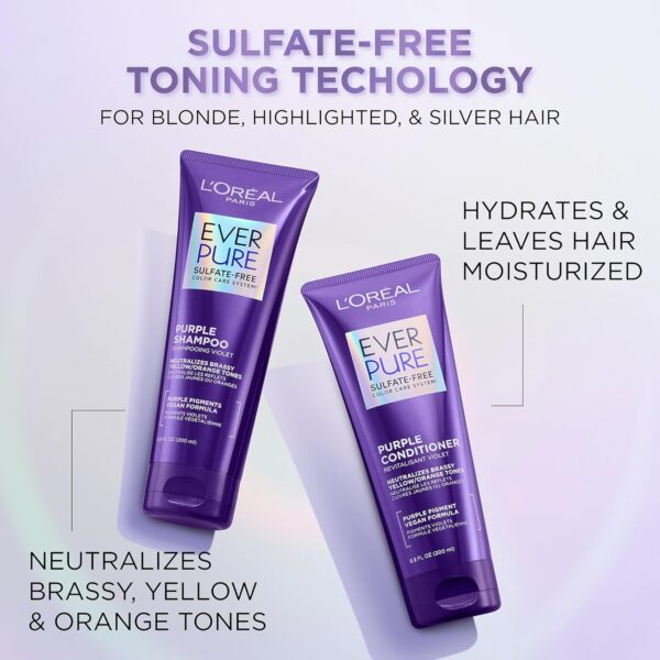 L’Oreal Paris EverPure Sulfate Free Brass Toning Purple Shampoo and Conditioner Set for Blonde, Bleached, Silver, or Brown Highlighted Hair, 1 Kit