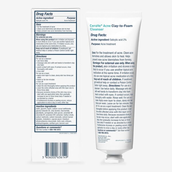 CeraVe Clay To Foam Acne Face Wash, Multi-Use Salicylic Acid & Kaolin Clay Acne Spot Treatment Clears Pimples & Blackheads, Prevents Breakouts, Hydrates & Soothes, Fragrance-Free, Non-Comedogenic, 4oz
