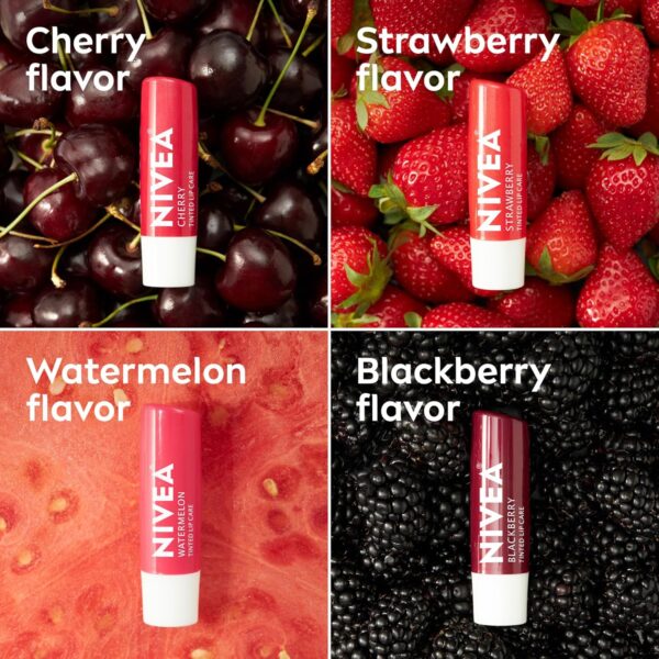 NIVEA Lip Care, Fruity Tinted Lip Balm Variety Pack, Cherry, Strawberry, Blackberry and Watermelon Flavors, 3-in-1 Moisture, Repair and Color, 0.17 Oz Stick, Pack of 4