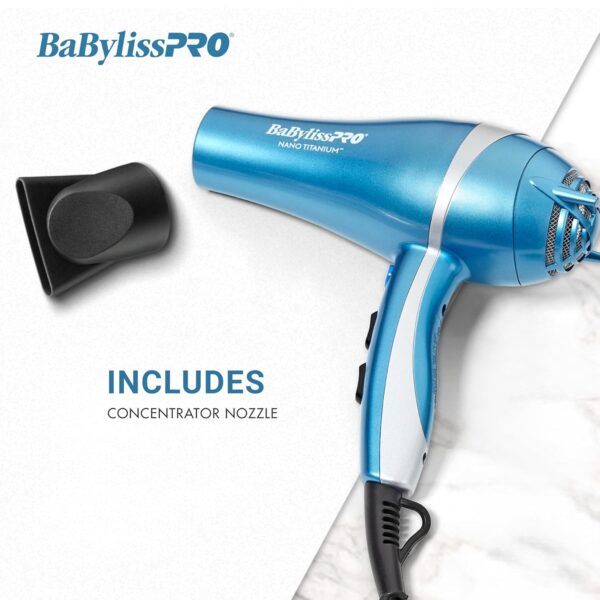 BaBylissPRO Nano Titanium 2000-Watt Blow Dryer with Concentrator Nozzle, Professional Grade Ionic Corded Styling Tool for Hair