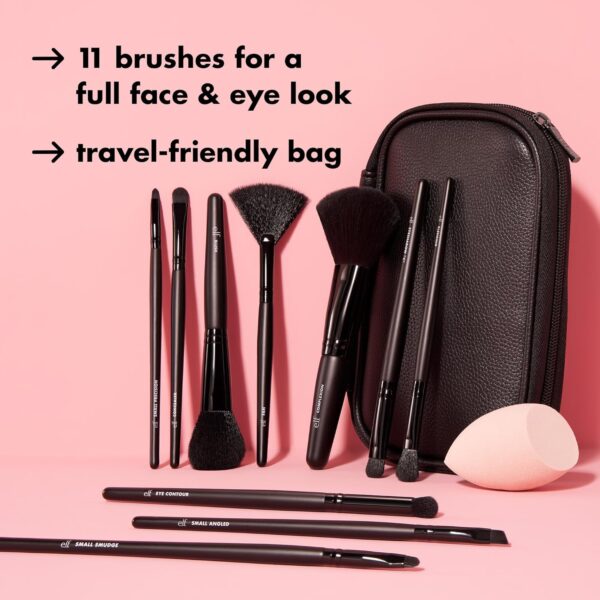 e.l.f. Full Face & Eye Makeup Brush Set with Travel Case, 11 Face & Eye Brushes For Creating A Full Face Makeup Look, Vegan & Cruelty-Free