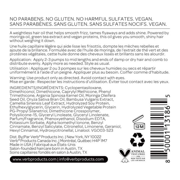 VERB Ghost Oil - Weightless Hair Oil for Fine to Medium Hair – Smooths Frizz, Adds Shine – Sulfate, Paraben and Gluten Free