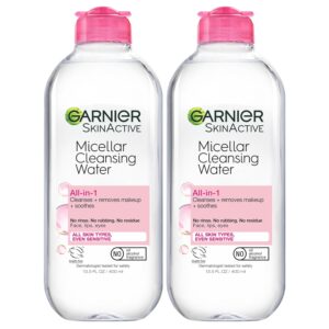 Garnier Micellar Water, Hydrating Facial Cleanser & Makeup Remover, Suitable for Sensitive Skin, Vegan, Cruelty Free, 13.5 Fl Oz (400mL), 2 Count