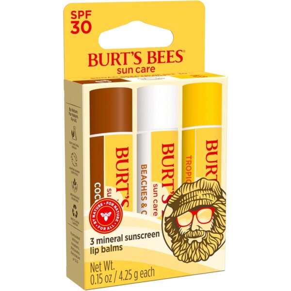 Burt’s Bees SPF 30 Lip Balm, Island Getaway - Coco Loco, Beaches & Cream, Tropic Like It's Hot, Water-Resistant Sun Care, Natural Origin Lip Treatment, 3 Tubes, 0.15 oz
