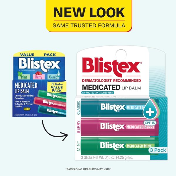 Blistex Medicated Lip Balm 3 Count, 0.15 Oz Each, Classic, Mint and Berry Flavor, Soothes and Protects, Advanced Medicated Lip Care for Dry, Chapped Lips, SPF 15 Sun Protection, 1 Pack