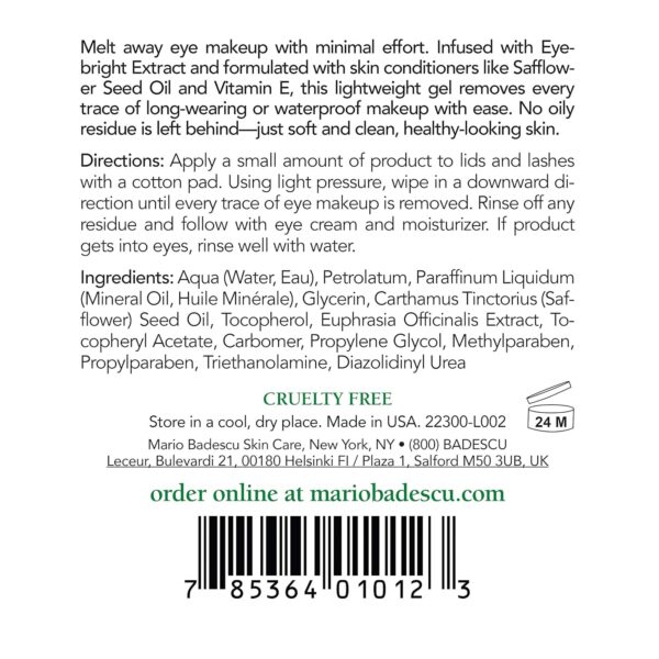 Mario Badescu Eye Makeup Remover Gel Ideal for Combination or Oily Skin Lightweight, Non-Greasy Waterproof Eye Make Up Cleanser Formulated with Safflower Seed Oil