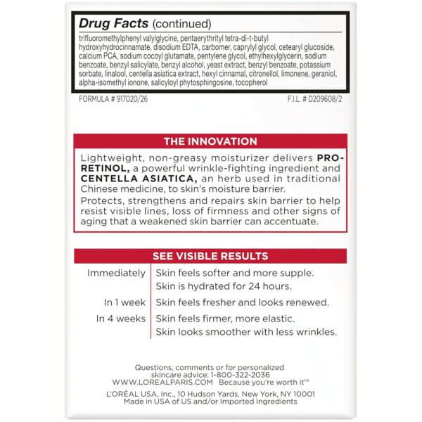 L'Oréal Paris Revitalift Anti-Wrinkle and Firming Face Moisturizer with SPF 25, Pro-Retinol and Centella Asiatica, Paraben Free, 1.7 oz (Packaging may vary)