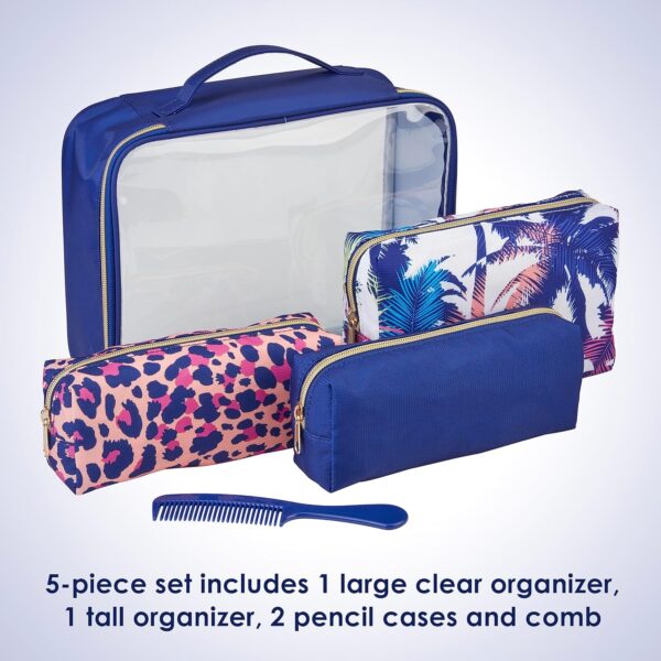 Conair 5 Piece Toiletry and Cosmetic Bag Set Under , Includes 4 Makeup Bags and 1 Travel Comb in Blue Palm Prints