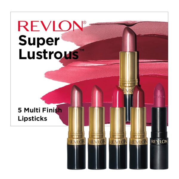 Revlon Super Lustrous 5-Piece Lipstick Gift Set, High Impact, Moisturizing, 460 Blushing Mauve & 430 Soft Silver Rose (Pearl), 775 Super Red & 777 Vampire Love (Cream), 025 Insane (Matte), 0.75 Oz