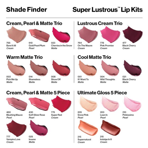 Revlon Super Lustrous 5-Piece Lipstick Gift Set, High Impact, Moisturizing, 460 Blushing Mauve & 430 Soft Silver Rose (Pearl), 775 Super Red & 777 Vampire Love (Cream), 025 Insane (Matte), 0.75 Oz