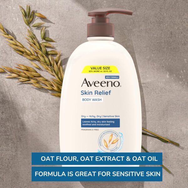Aveeno Skin Relief Body Wash, Fragrance-Free with Triple Oat Formula, Gentle Daily Cleanser for Sensitive Skin Leaves Itchy, Dry Skin Feeling Soothed & Moisturized, Soap-Free, 33 fl. oz