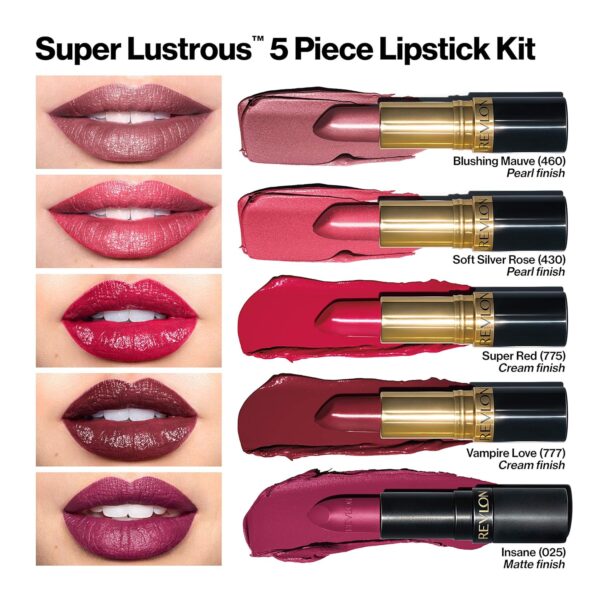 Revlon Super Lustrous 5-Piece Lipstick Gift Set, High Impact, Moisturizing, 460 Blushing Mauve & 430 Soft Silver Rose (Pearl), 775 Super Red & 777 Vampire Love (Cream), 025 Insane (Matte), 0.75 Oz