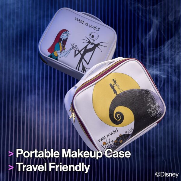 wet n wild Nightmare Before Christmas Makeup Bag - Full-Zip Closure with Bat Charms, Dual-Compartment Interior, Portable Travel Case Inspired by Disney’s Iconic Film, Cruelty-Free - Jack & Sally