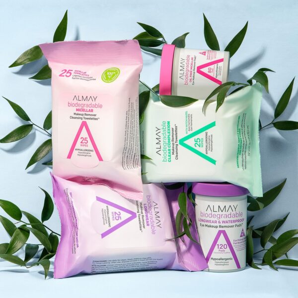 Almay Makeup Remover Cleansing Towelettes, Biodegradable Micellar Water Wipes for Sensitive Skin, Hypoallergenic, Cruelty- & Fragrance-Free, 25 Count