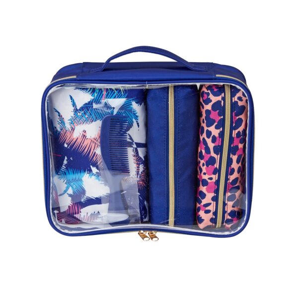 Conair 5 Piece Toiletry and Cosmetic Bag Set Under , Includes 4 Makeup Bags and 1 Travel Comb in Blue Palm Prints